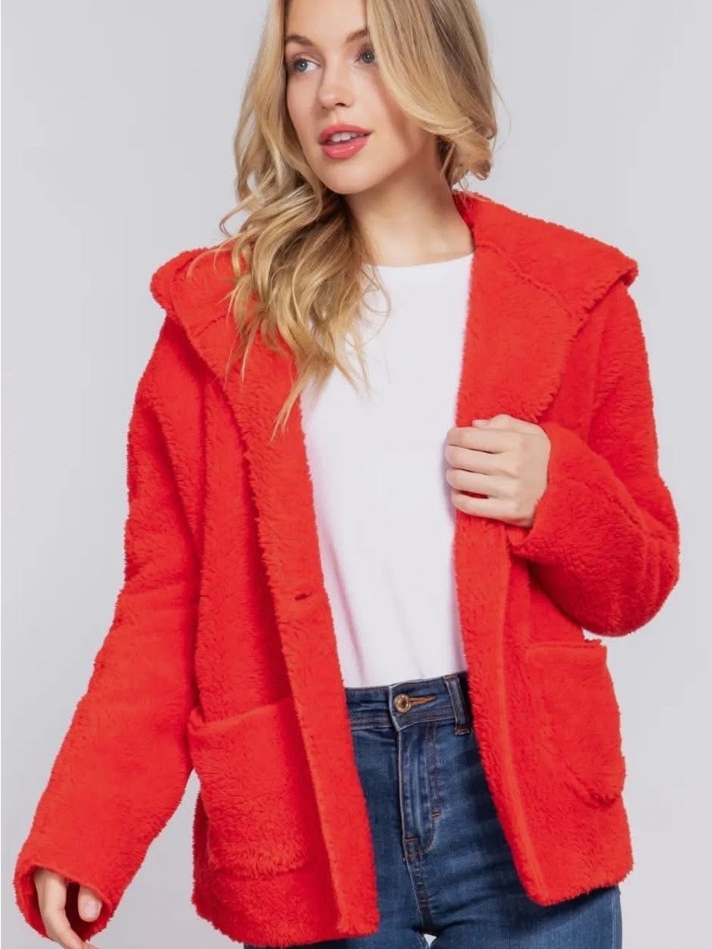 Cozy Red Hooded Teddy Jacket for Women
